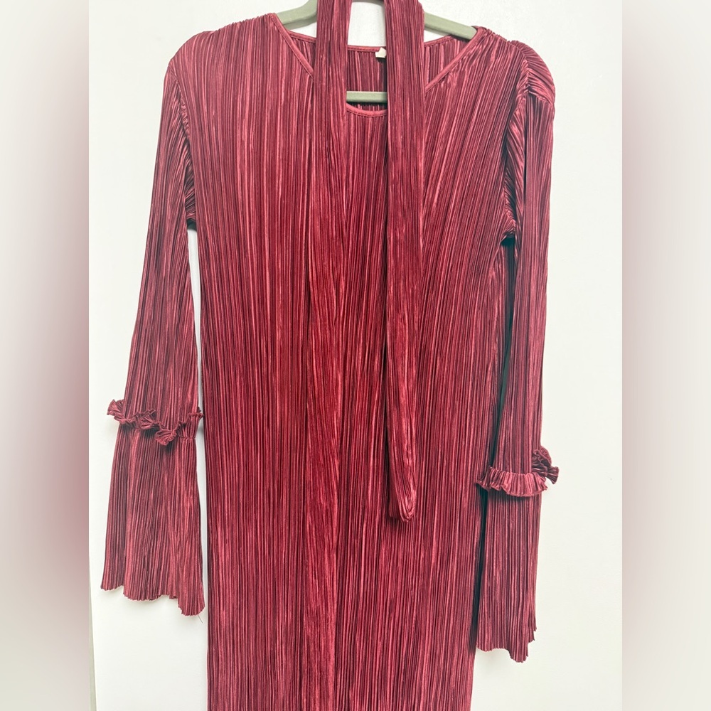 Red burgundy wine Pleated Long Sleeve Maxi Dress with belt Size Large Stretchy - Picture 5 of 6